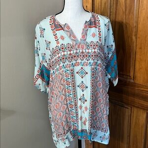Coldwater Creek Teal and Red Patterned Top